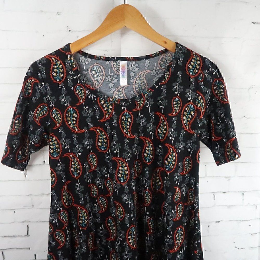 LULAROE BLACK ORANGE GREEN WHITE PAISLEY SHORT SLEEVE TUNIC TOP SIZE XXS - Picture 5 of 9